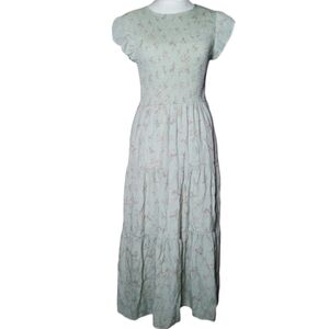By The River Floral Smocked Bust Flutter Sleeves Tiered Maxi Dress Size Medium